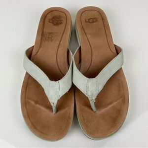 UGG Women’s Size 7.5 Lorrie Mint Green & Tan Leather Thong Flip Flop Sandals